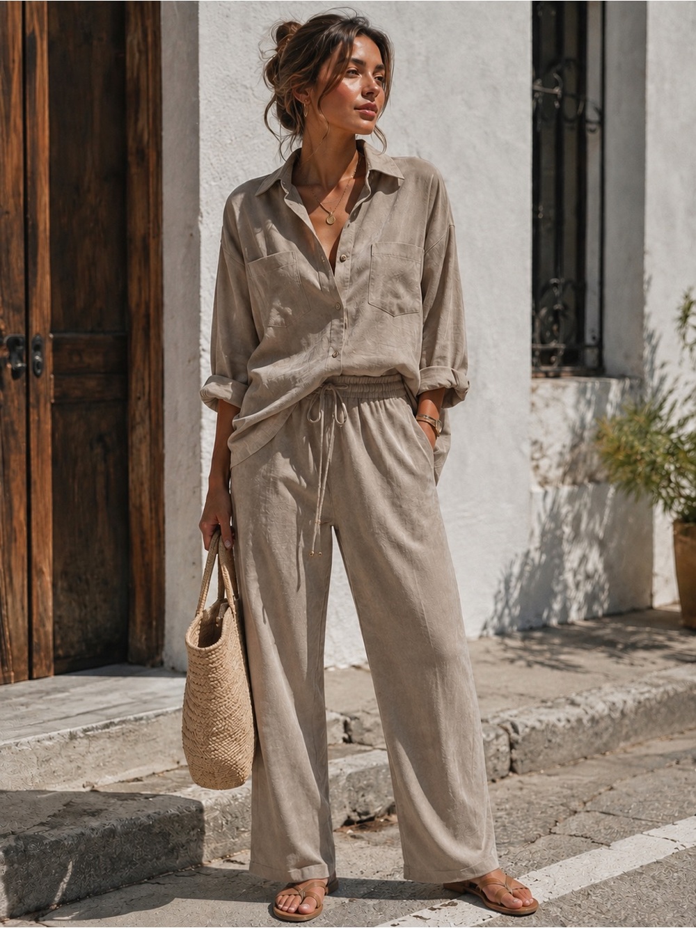 Relaxed Tan/Taupe Wide-Leg Drawstring Pantsuit Set